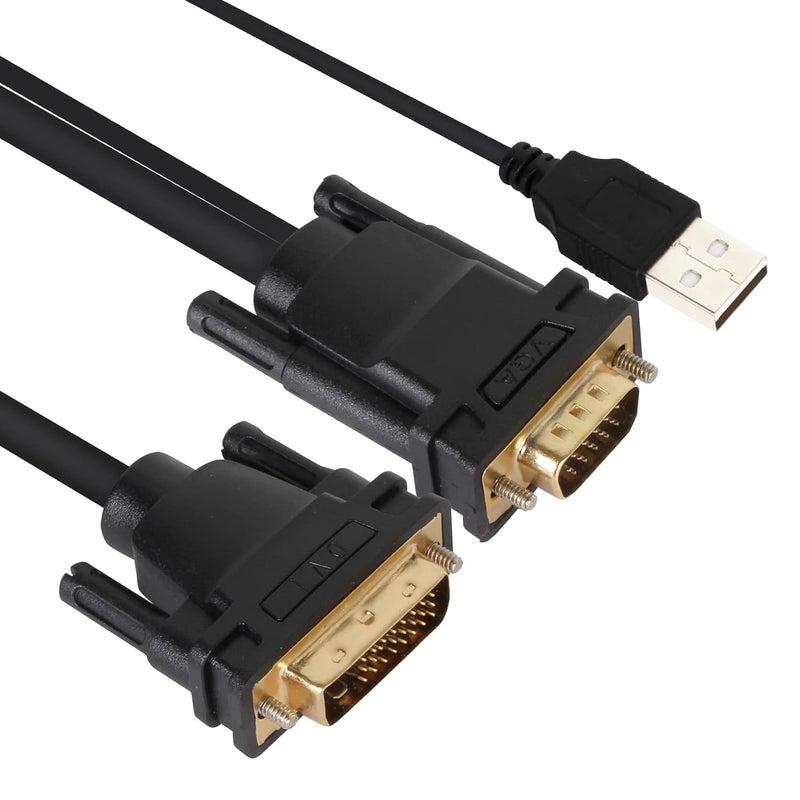Vcom Male VGA to DVI Cable with Power, 6FT VGA to DVI-I Cable with USB,Gold Plated with Chip, Active Adapter Converter Cable for PC Laptop DVD Monitor HDTV Projector - Image 1